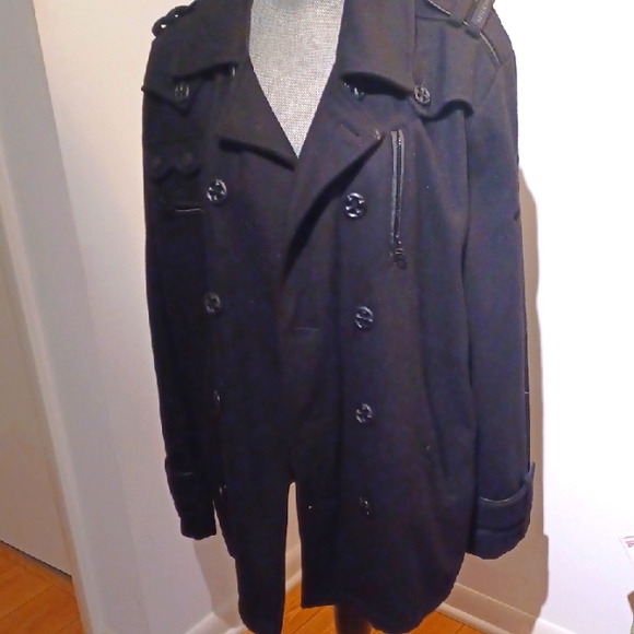 Men's Affliction peacoat "LIVE" Black wool blend Embroidered Back EUC XL - Picture 9 of 11